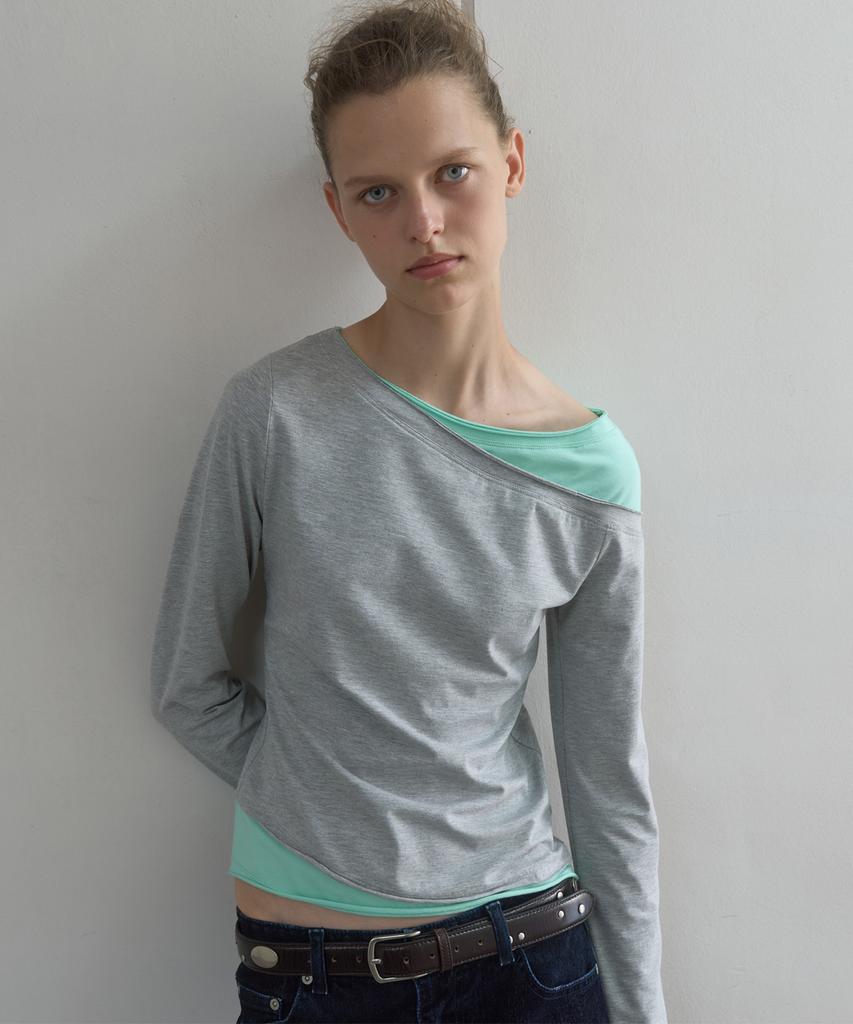 KIJUN Tilted Layered Long Sleeve Top_Melange Gray