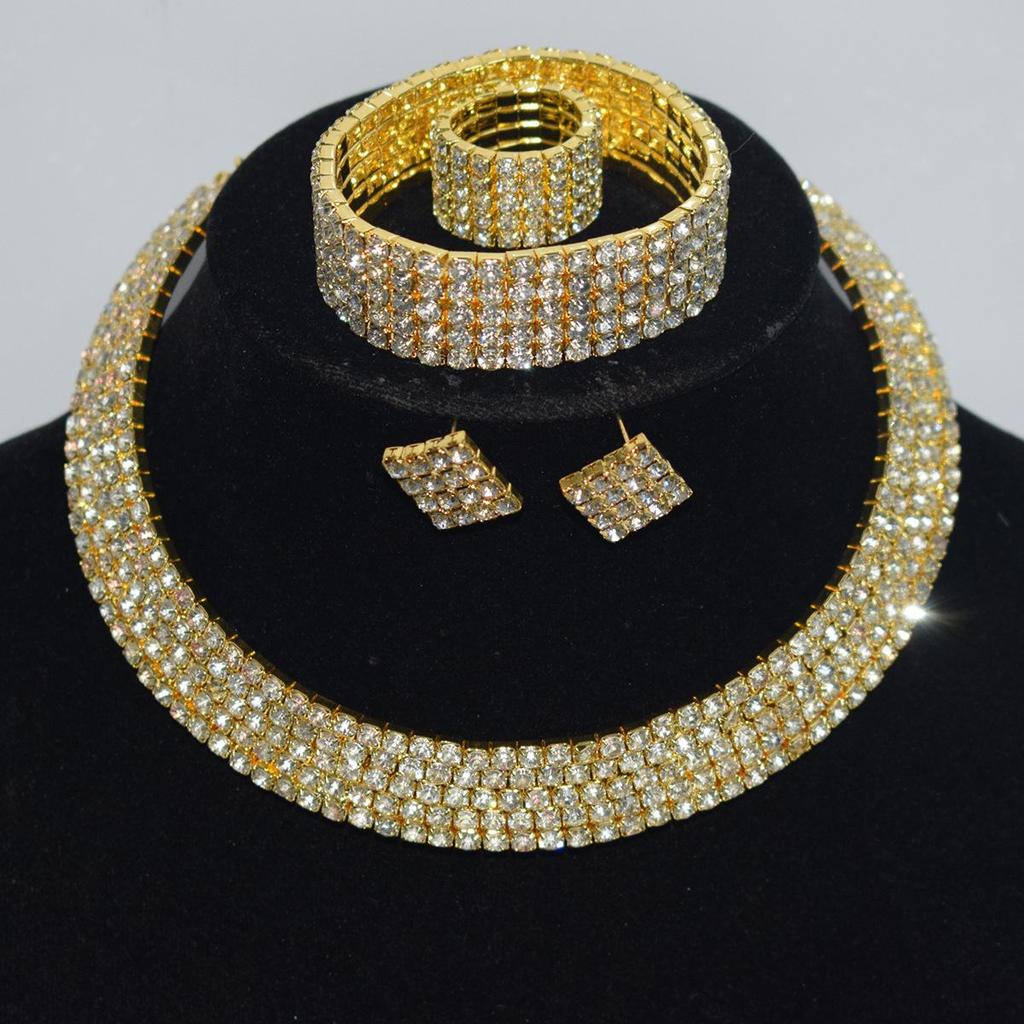 Gold & Silver Rhinestone Jewelry Set: Choker, Bracelet, Stud Earrings, & Necklace