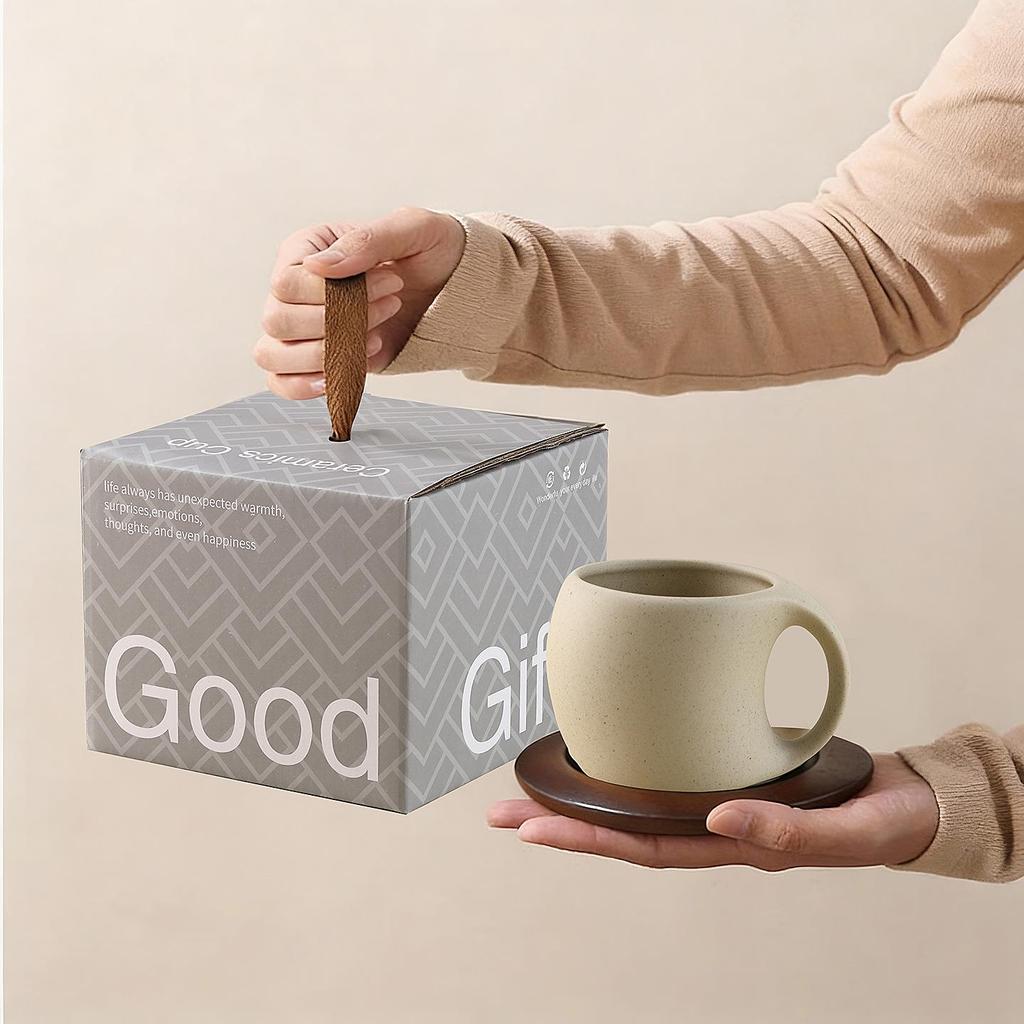 Set Retro Ceramică Cana de Cafea și Farfurioară cu Suporturi din Lemn și Lingurițe pentru Ceai și Cafea