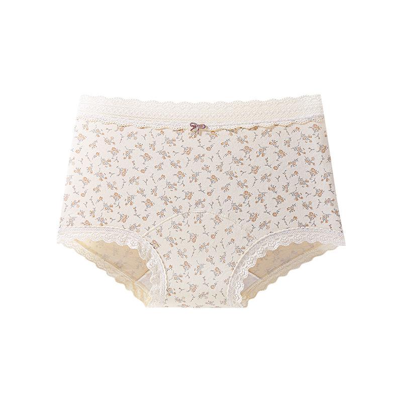 Female Spring and Autumn Vintage Floral Pure Cotton 10A Antibacterial Crotch Skin Friendly Breathable Stretch Mid Waist Flat Angle Panties