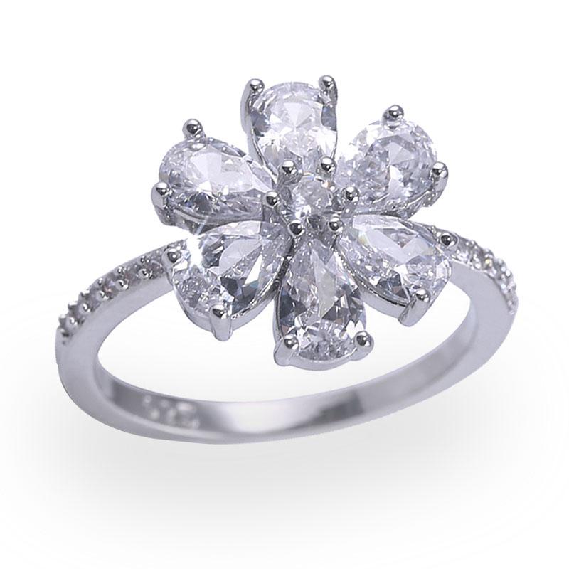 Fashion White Crystal Wedding Rings for Women Silver Color Flower Floral Shaped Engagement Bridal Luxury Party