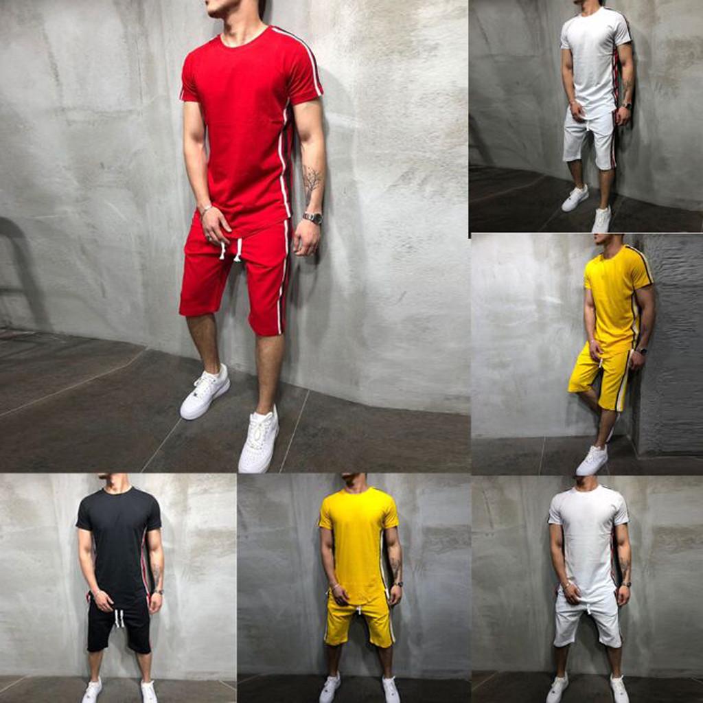 

Mens Summer Leisure Stripe Color Collision Short Sleeve Shorts Sports Thin Sets L красный