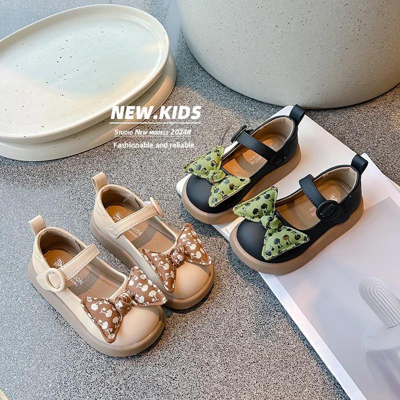 Girls' Dance Shoes Casual Soft Sole Kids Flat Shoes with Sweet Bow 2024 New Fashion Girls' Princess Shoes Solid Color Versatile