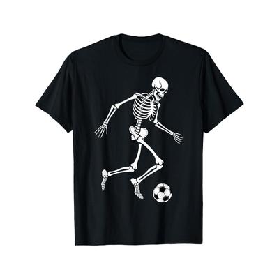 European Size Men'S Retro Soccer Skeleton Graphic T-Shirt - Black with White Dynamic Soccer Player Action Print, Breathable Comfort Fit Round Neck Tee