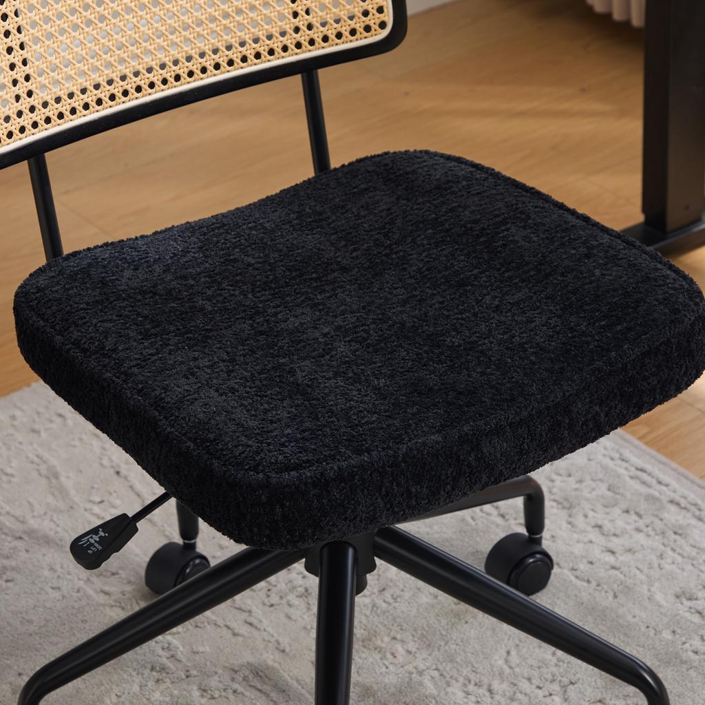 Vintage Rattan Office Chair with Wheels - Adjustable Swivel Desk Chair with Chenille Fabric Seat & Wooden Frame for Home Office, Living Room-Black