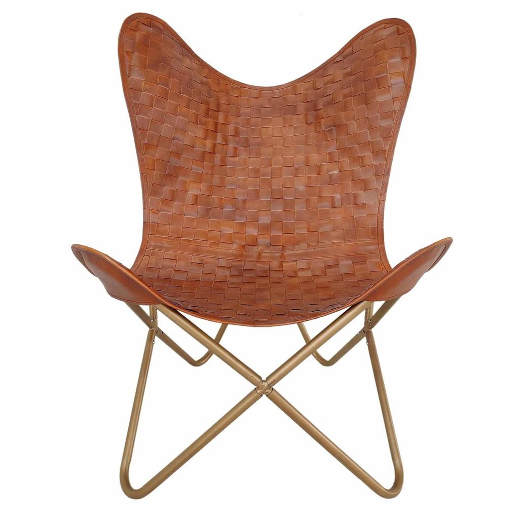 Leather Butterfly Chair-Hand Weaved Tan Brown Leather Butterfly Chair-Handmade with Golden Powder Coated Folding Iron Frame.