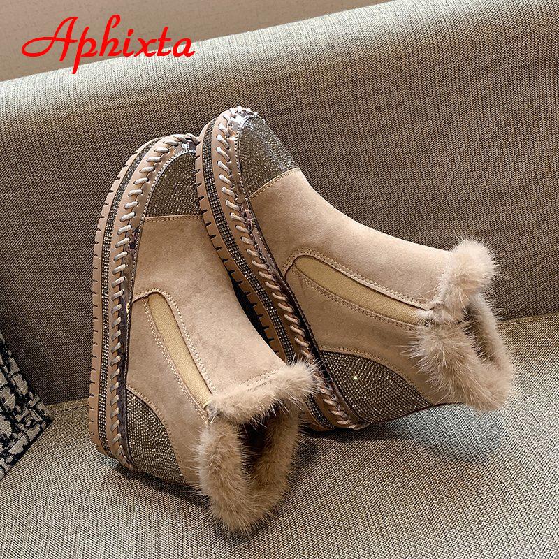 Fashion Aphixta Real Hair Warm Winter Crystals Shoes Woman Elastic Band Couple Chunky Sole Platform Big Size 44 Waterproof Ankle Boots