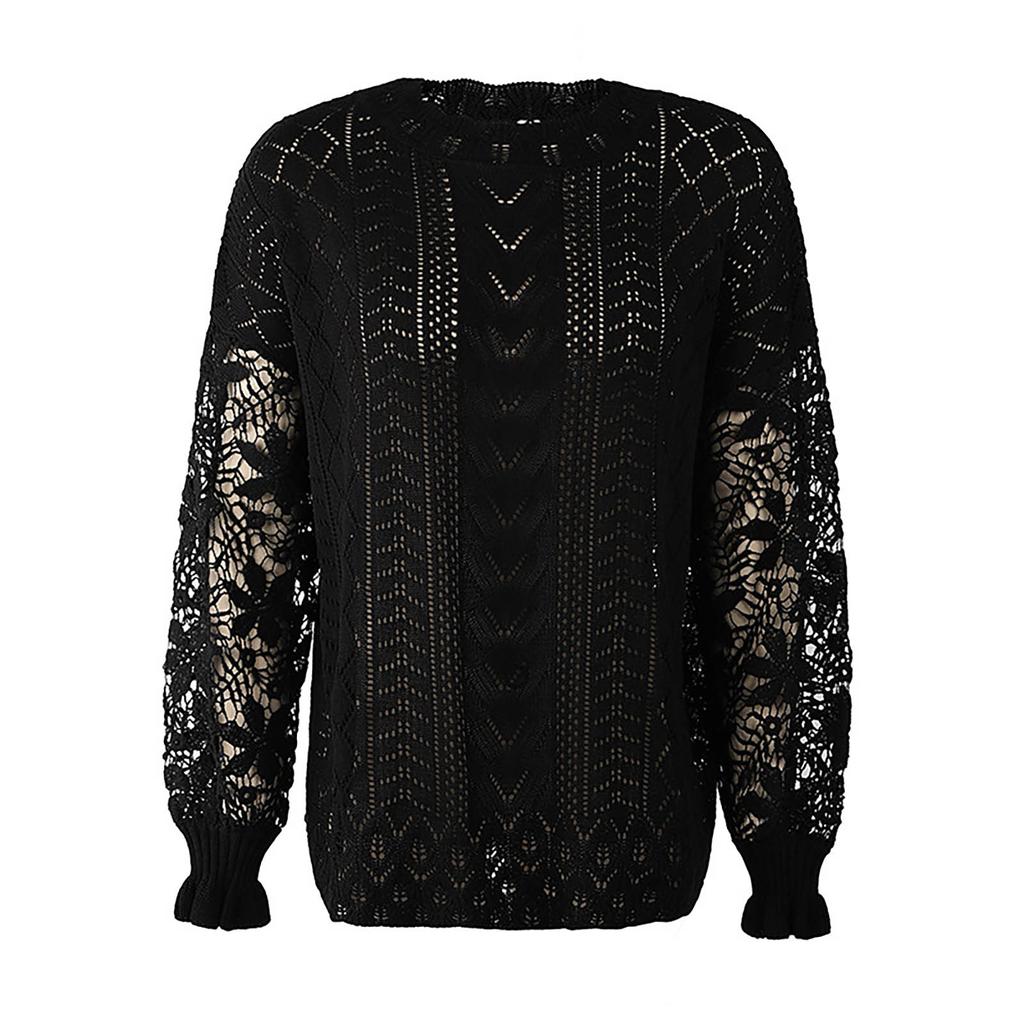 Women's Sweater Round Neck Hollow Lace Sleeve Color Sweater Bottoming Shirt