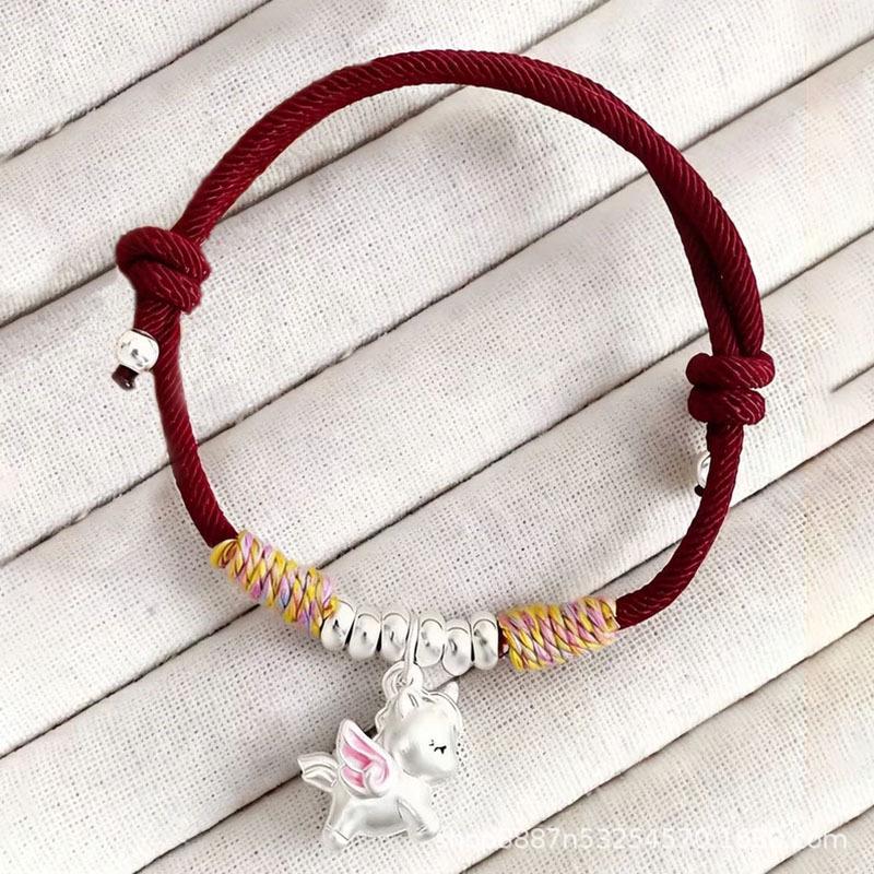 Sterling Silver Unicorn Bracelet with Red String - New Chinese Style, Year of the Ox, Women's Lunar New Year Gift.