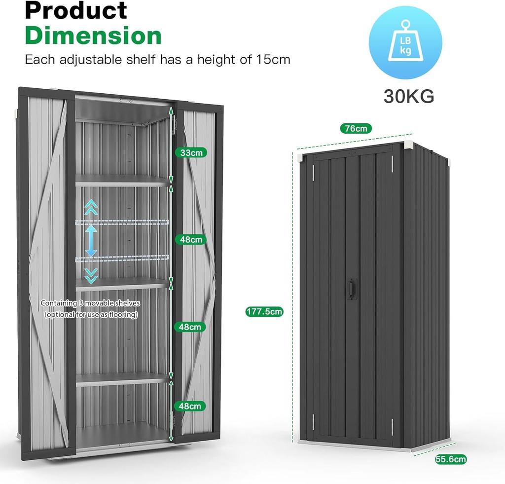 YODOLLA Tall Outdoor Garden Storage Cabinet with 3 Adjustable Shelves, Weatherproof Metal Cupboard for Garage Patio - Dark Grey