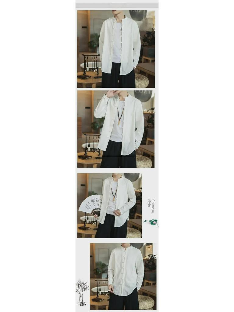 Men’s Chinese Style Long-Sleeve Linen Tang Suit Shirt and Jacket