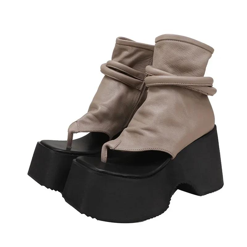 Summer New Slim Wedges Platform Flip Flops Sewing Cut Out Narrow Band Genuine Leather Women Ankle Short Gladiator Boots