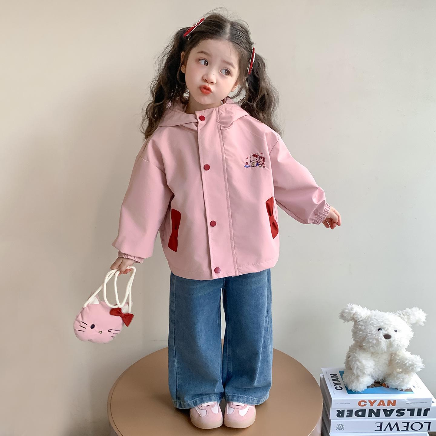 

New 2025 Girls Cute Cartoon Cat Jacket - Spring/Autumn Windbreaker & Trench Coat Size 120 рожевий