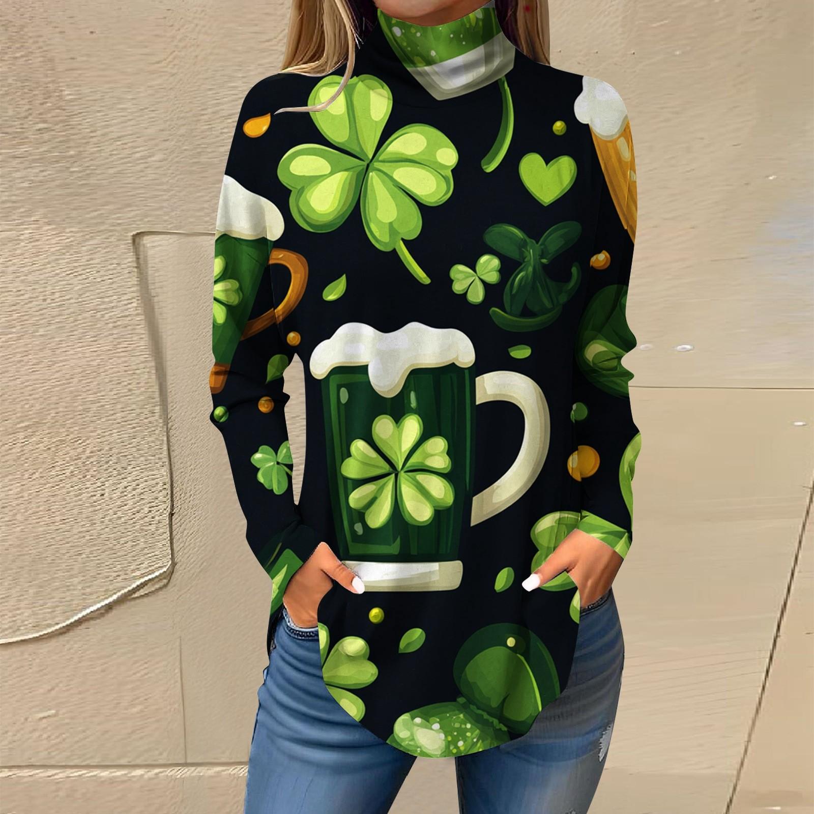 

Женский свободный с высоким воротом St. Футболка с длинными рукавами и принтом ко Дню Святого Патрика, топ и джемпер XL зелёный