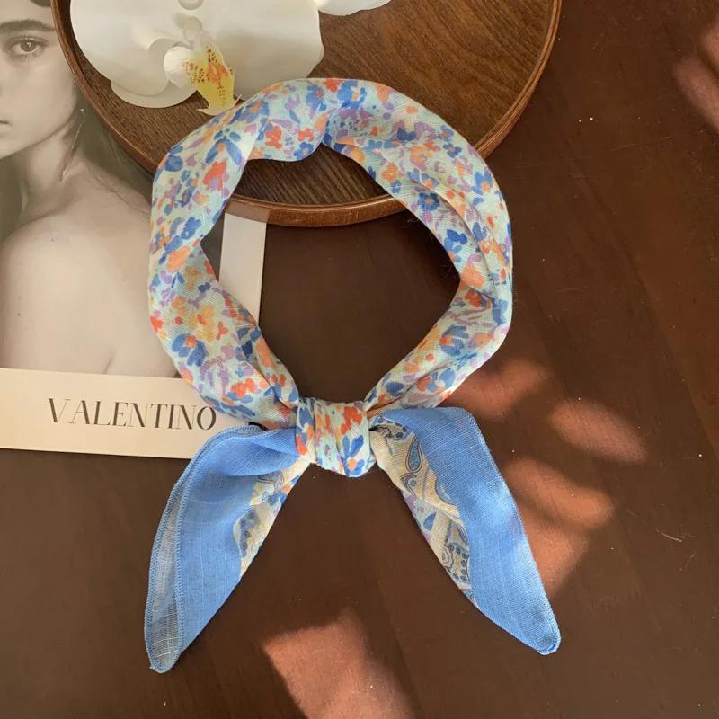 New retro cotton and linen hair band, silk scarf, small square scarf, women's thin scarf, decorative neckerchief and headscarf