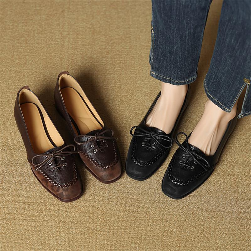 Fashion New Spring/Summer Genuine Leather Women Pumps Shoes for Women Fashion Leopard Print Round Toe Loafers Shoes Women Lace Low Heels