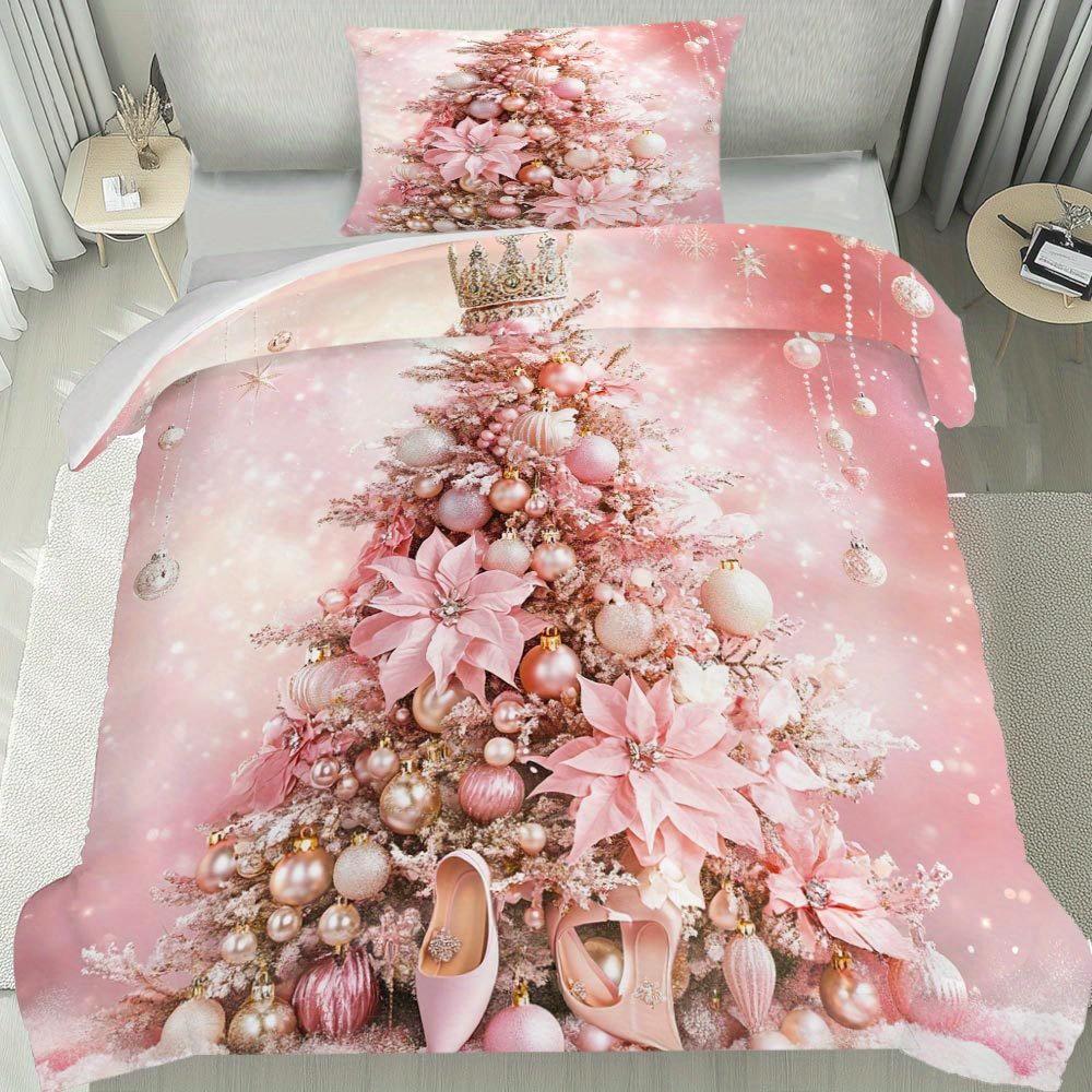 [Festliche Weihnachts-Bettwäsche] Latacaca 2/3-teiliges Rosa Weihnachtsbaum-Muster Bettbezug-Set | Festliches und Elegantes Bettwäsche-Set