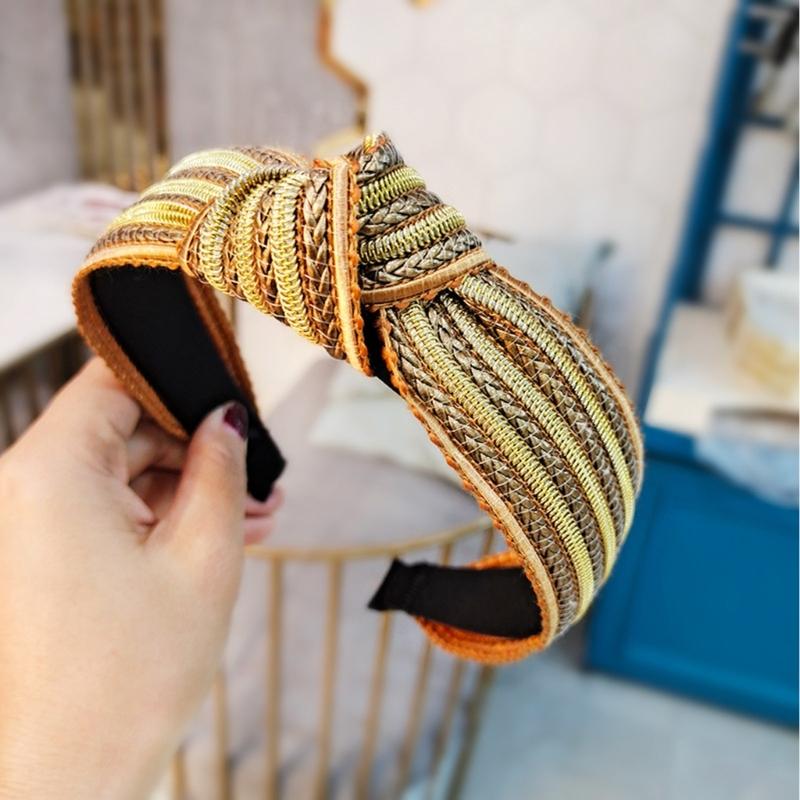 Natürliches Stroh Gewebtes Haarband Breites Design Knoten Verzierungen Bequemes Slip Kopfstück Für Tägliches Styling