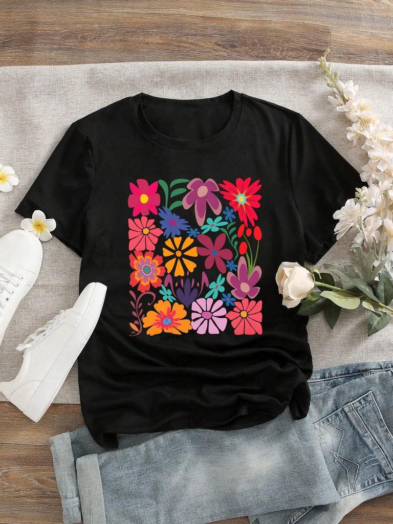 Colorful Floral Retro Bohemian Short-Sleeve Loose T-Shirt for Women