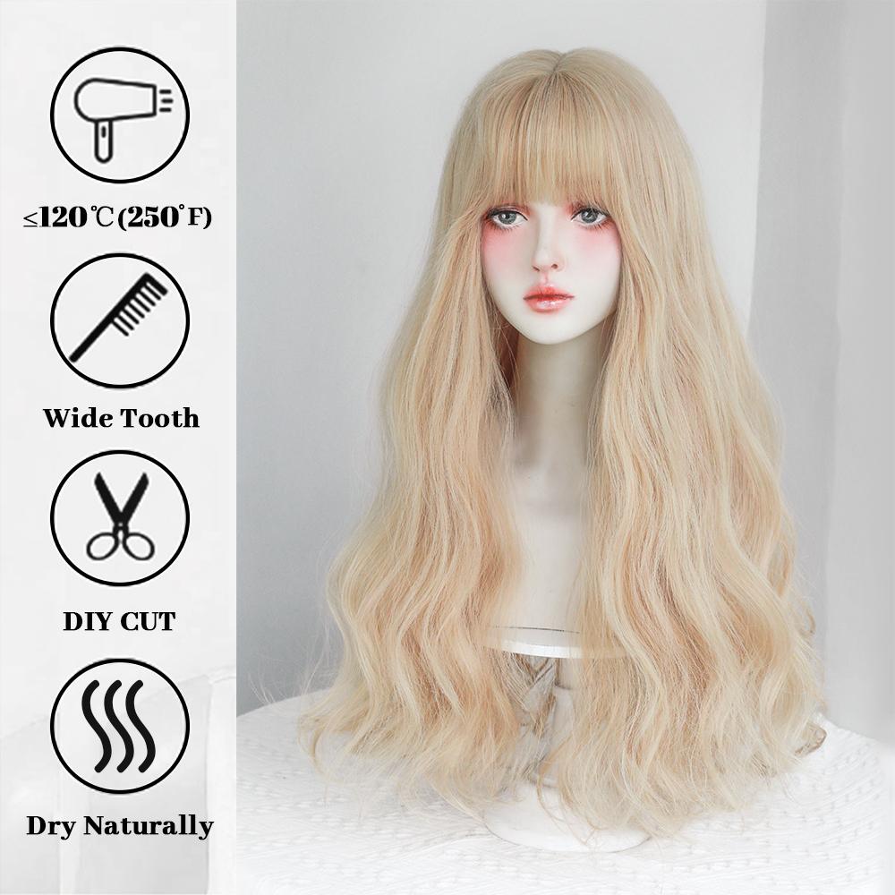Dense Long Wave Wig Women Wig with Bangs Blonde Cospaly Lolita Daily Party Synthetic Wigs Heat Resistant Fiber Natural Fake Hair