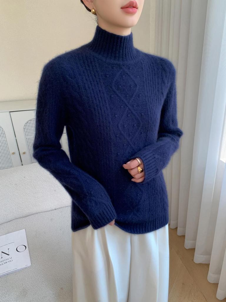 2025 Autumn/Winter Women's High Neck Cashmere Diamond Cable Knit Sweater - Thick and Loose Knit Pullover