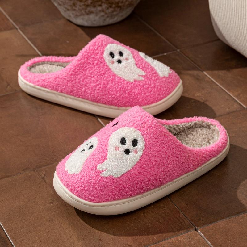 Halloween Women's Slippers Winter Pink Ghost Indoor Cartoon Comfort Home Bedroom Soft Causal Flat Plush Shoes for Gift