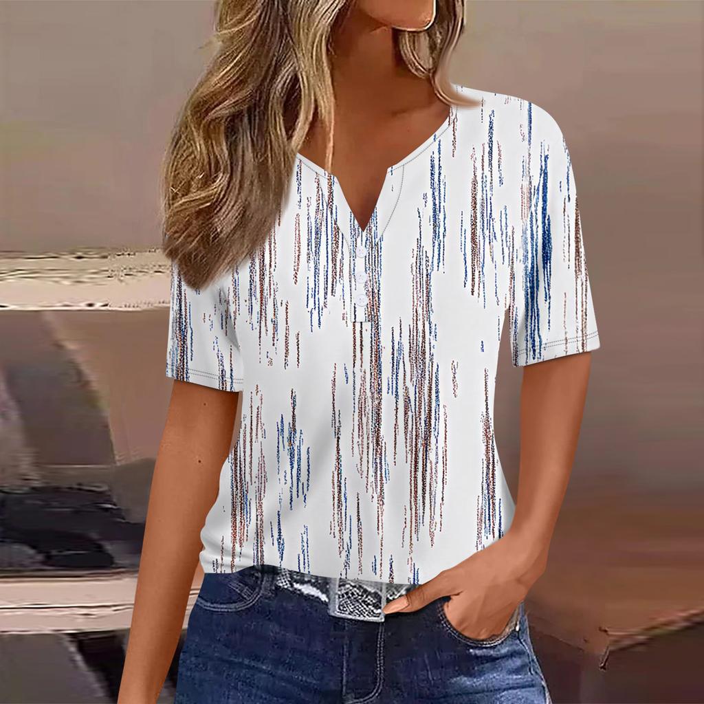 Women's T Shirt Tee Printed Button Short Sleeve Tunic Daily Weekend Fashion Basic V- Neck Regular Top
