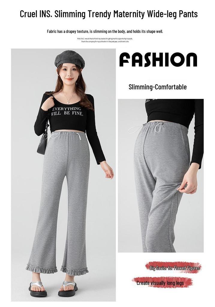 High Waist Ruffle Trim Maternity Pants - Spring & Autumn Micro Flare, Casual Loose Fit, Cropped Tailored.