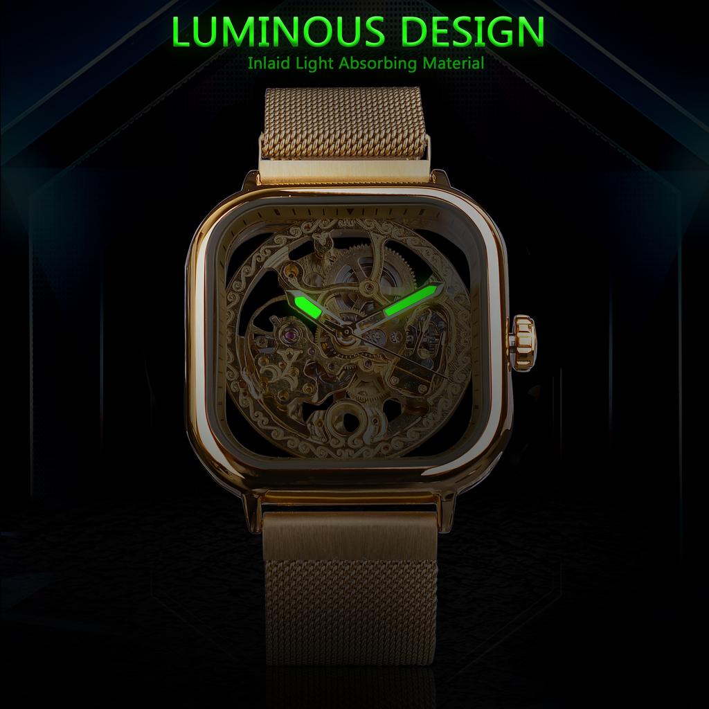 FORSINING Automatic Watches Mechanical Wrist Watch Golden for Mens Skeleton Watches with Stainless Steel Transparent Dial