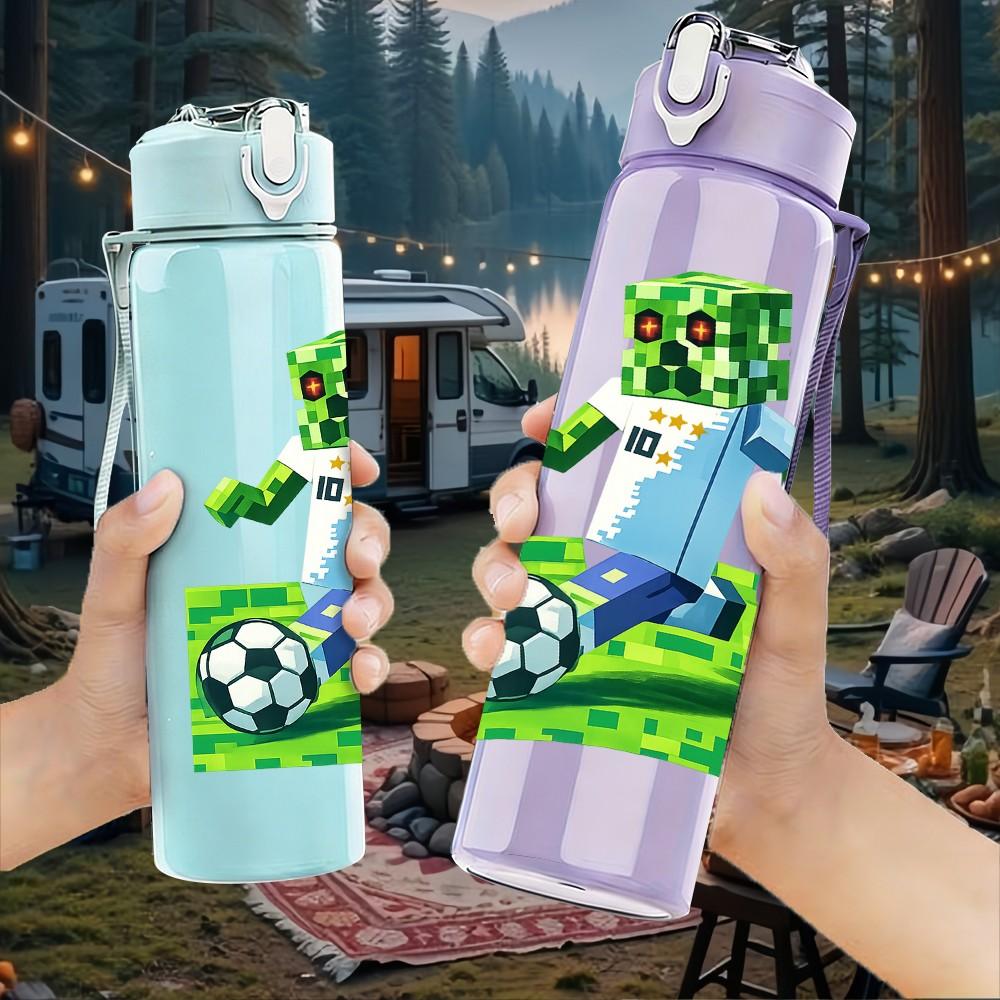 1PC Boy Play Soccer Football Cartoon Print 750ml Color Plastic Sports Water Bottle Leakproof Flip Straw Lid Suitable for Sports Office Home Use