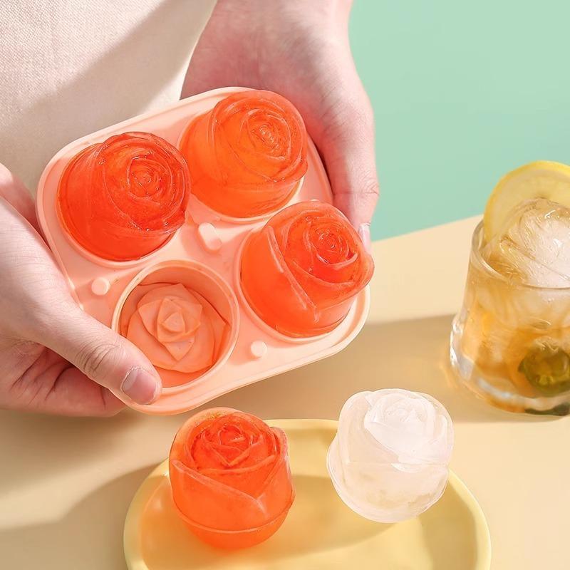 3D-Rosen-Eisformen, große Eiswürfelformen, machen Sie 4 riesige, niedliche Blumen-Form-Eis, lustiger großer Eisball-Maker aus Silikonkautschuk