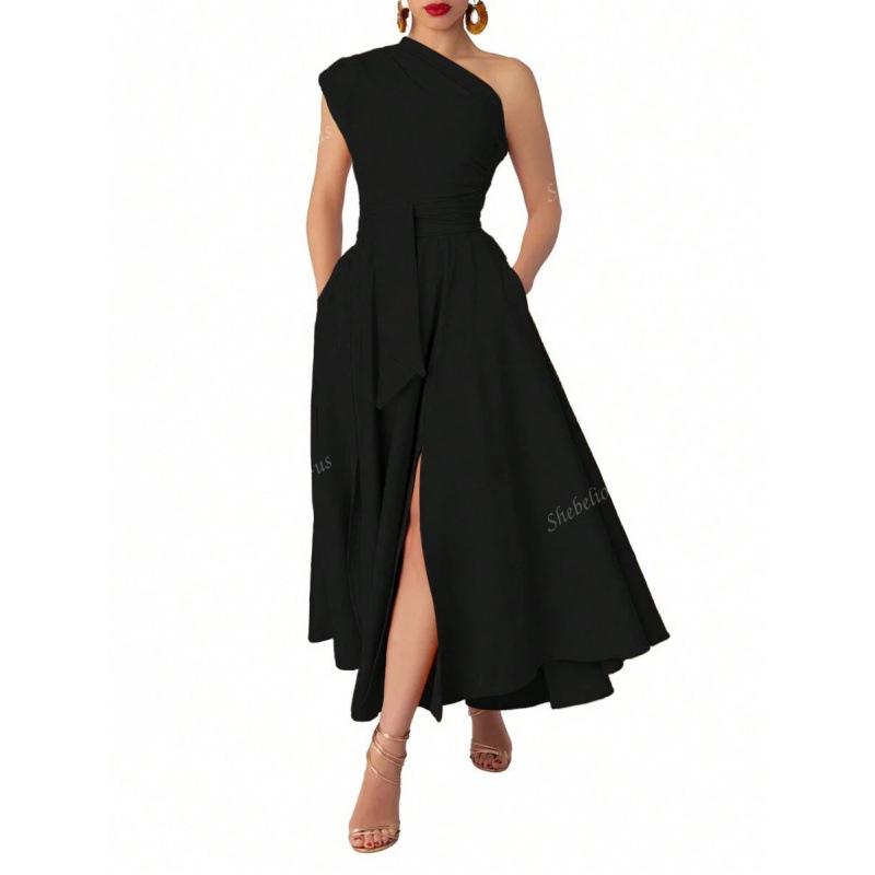 

Z 80387 Slanted Collar Waist-Cinching Dress M чёрный