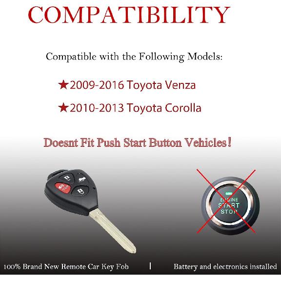MechanMagic Key Fob Remote Replacement Fits for Toyota 2009 2010 2011 2012 2013 2014 2015 2016 Venza/2010-2013 Corolla Keyless Entry Remote Control