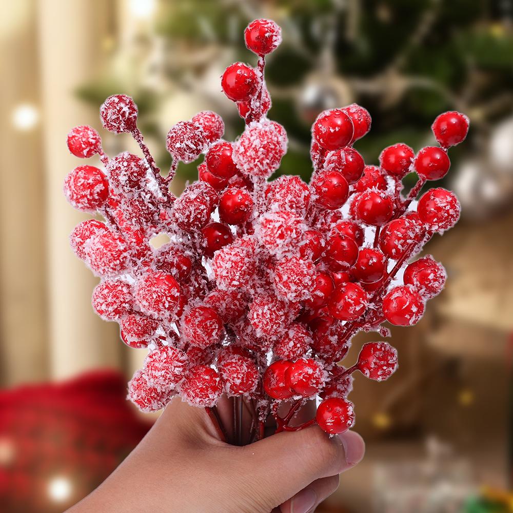 Artificial Holly Berry with Snowflake Glitter Stem Picks Christmas Tree Red Berries Picks Xmas Tree Ornament Wedding Party Decor