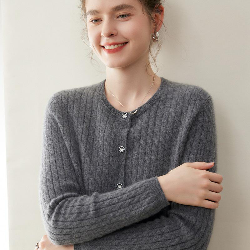 Women's 100% Pure Cashmere Cable Knit Round Neck Cardigan Sweater for Autumn and Winter