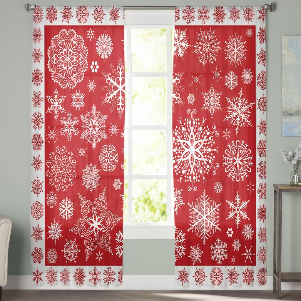 Christmas Red Snowflake Texture Living Room Transparent Tulle Window Curtain Bedroom Kitchen Decor Veil Drapes Curtains
