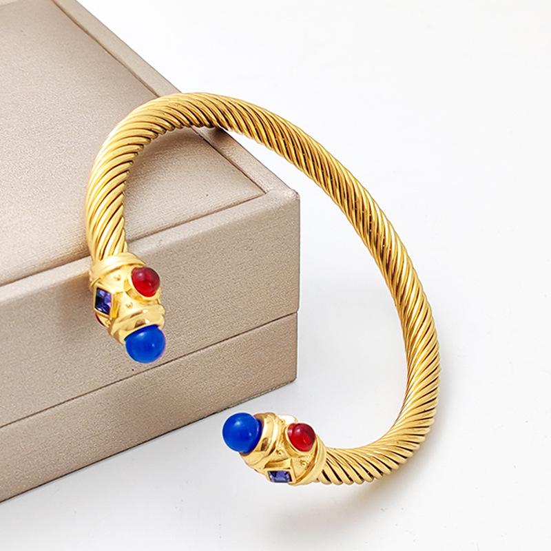 Stylish European-American 18K Gold Stainless Steel Wire Bracelet for Women, Geometric Open Design, Inlaid with Colored Diamonds, Colorfast.