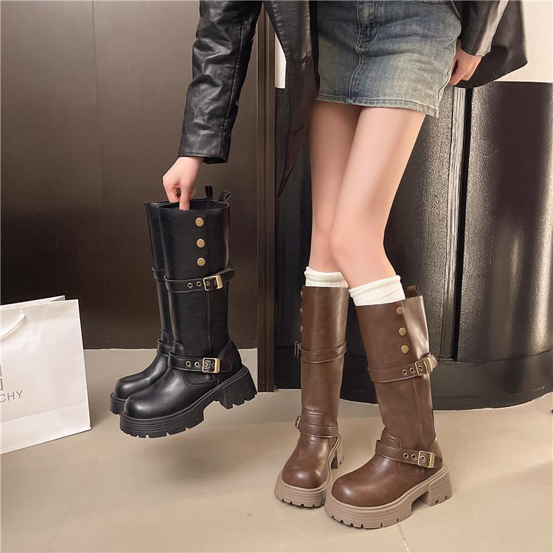 Stylish Block Heel Single Boots Autumn New Round Toe Studded Platform Sleeve Non-Slip Mid-Leg Boots