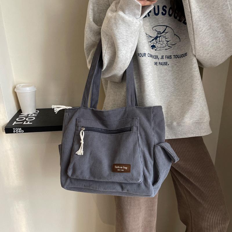 

Простая вельветовая сумка-тоут однотонная сумка через плечо ретро многокарманная сумка для школы работы шоппинга 36*14*27cm