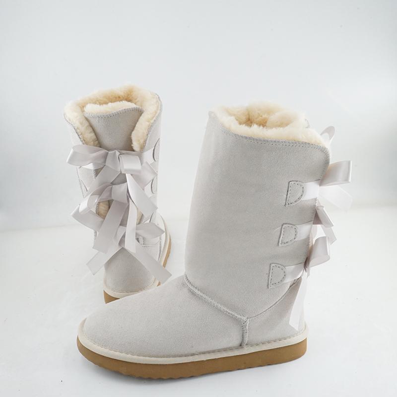 Novedad Invierno Pajarita Niña Botas Altas Cuero Genuino Mujer Botas de Nieve Botas de Felpa Gruesa Zapatos de Mujer Zapatos Cálidos
