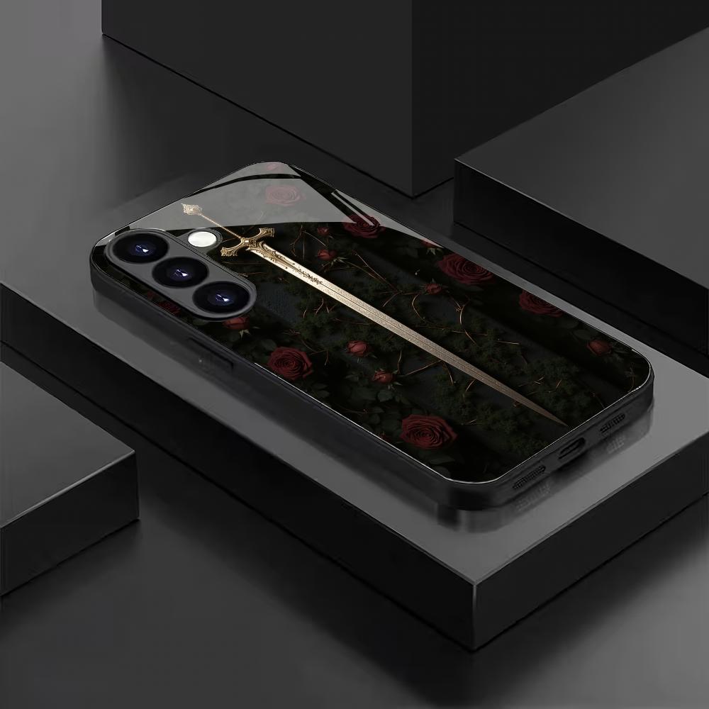 Custodia in vetro temperato con motivo a spada adatta per Samsung Galaxy S26 S25 S24 S23 S22 S20 FE/Ultra/Plus5G cover posteriore anti-caduta