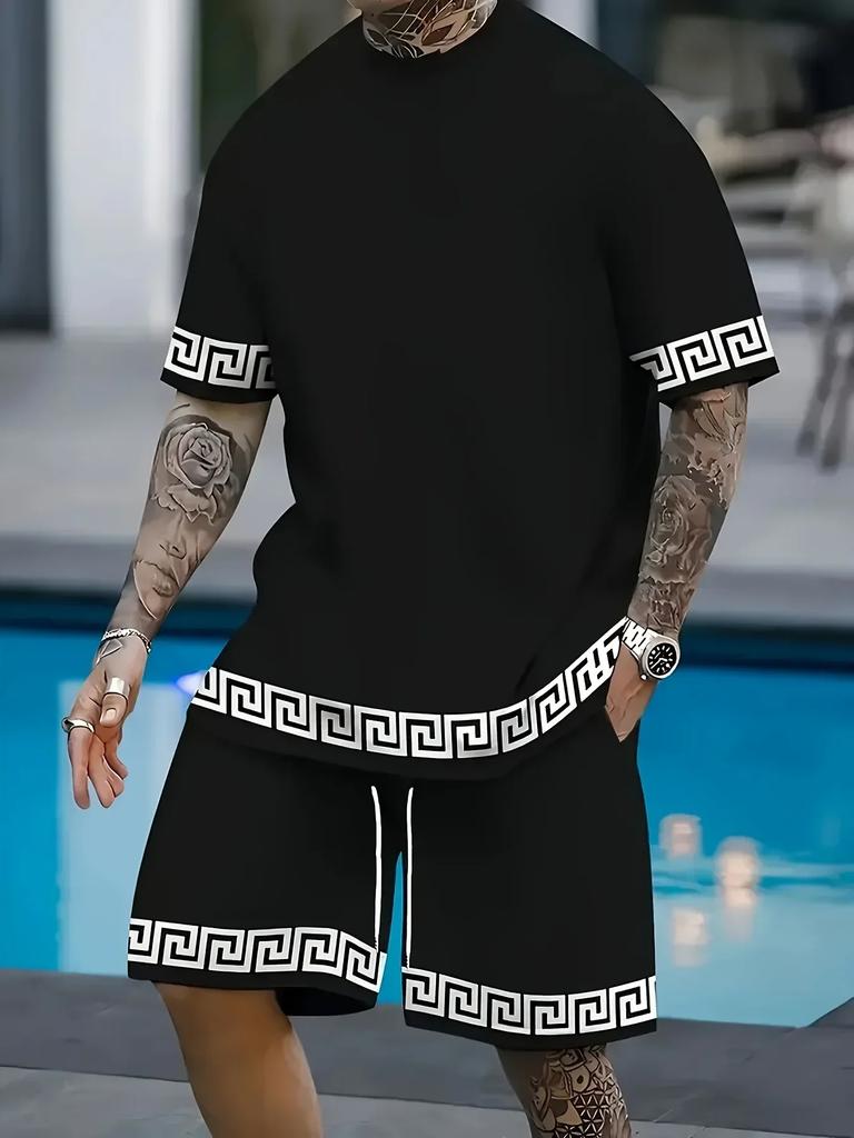 Summer Men's 3D Printed Short Sleeved Shorts Set,Daily Wear, Fashionable Casual Breathable Set
