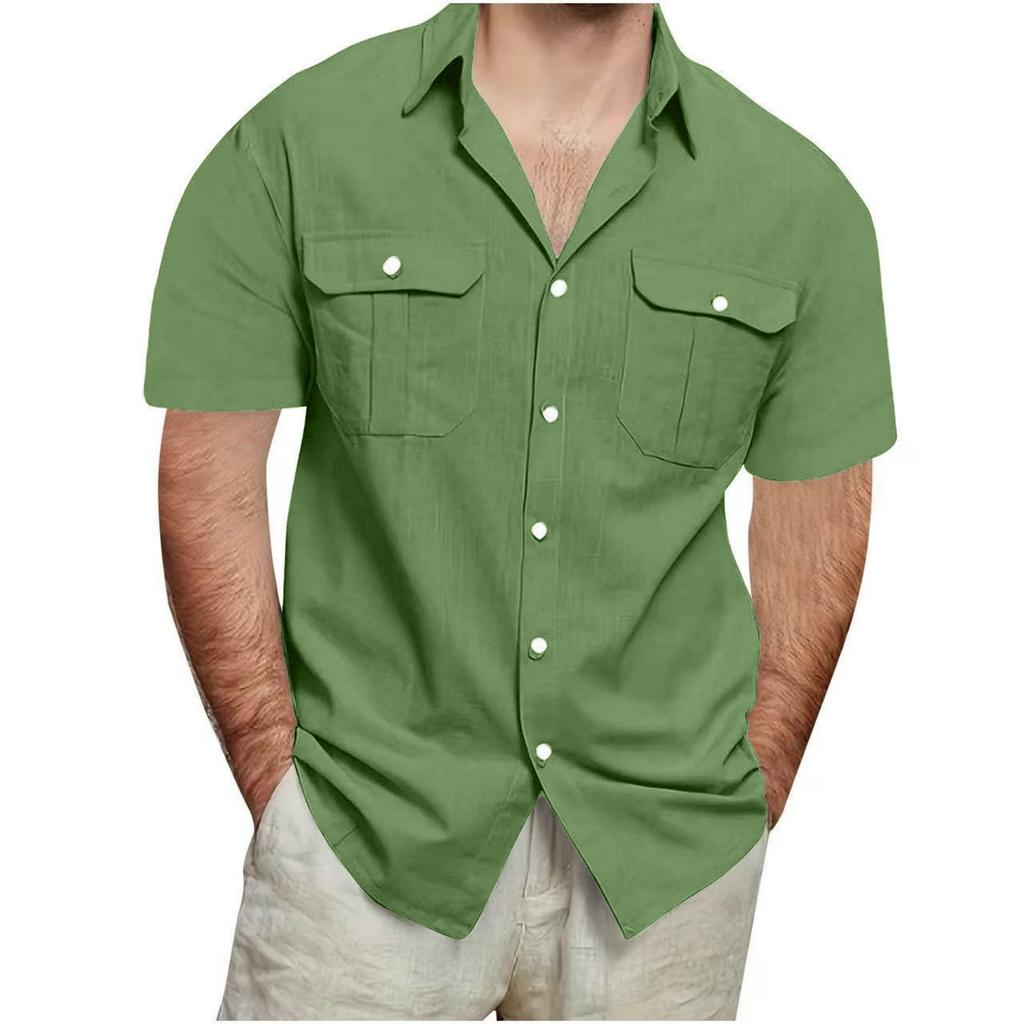 Men's Double Pocket Cotton And Linen Leisure Holiday Short-sleeved Shirt
