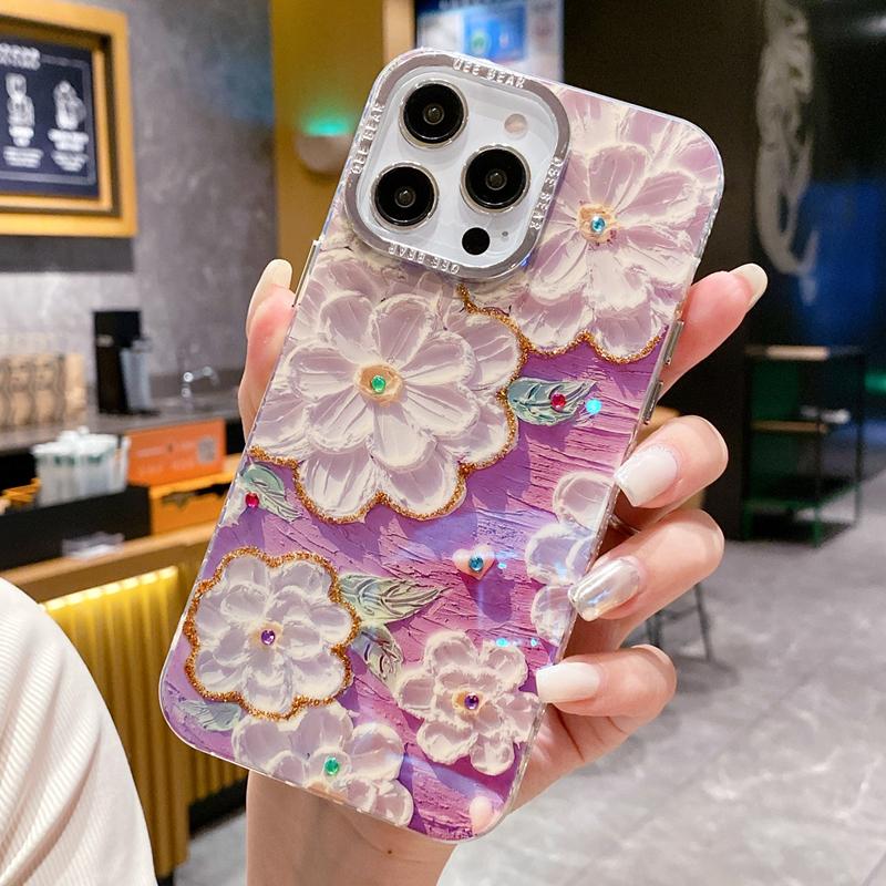 For iPhone 15 Pro Max Fashion Glitter Flowers Luxury Transparent Frame Phone Case For iPhone 11 12 13 14 16Plus Protective Cover