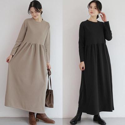 Midi šaty v kórejskom štýle slim-fit s vysokým pásom, okrúhlym výstrihom a dlhým rukávom na jeseň/zimu