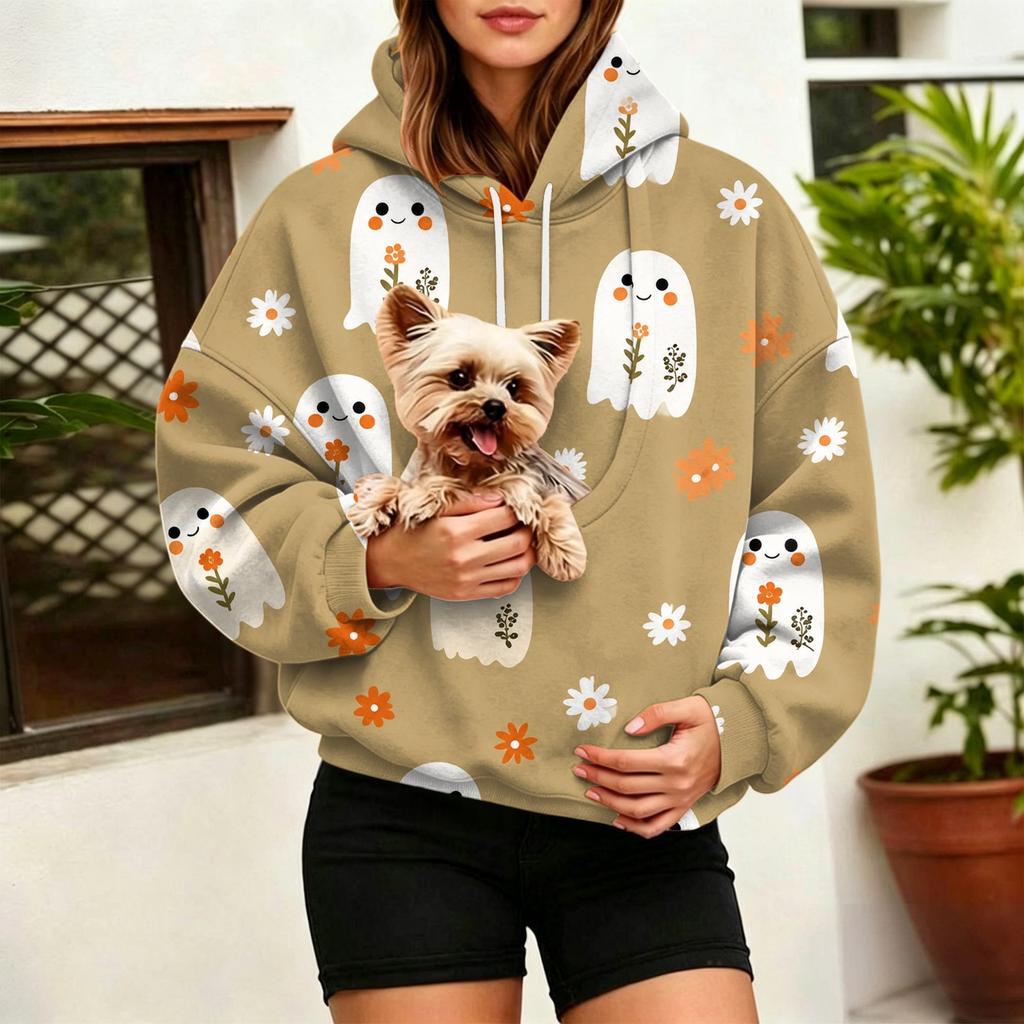Damen Halloween Print Hoodie mit großer Haustier-Tasche für Herbst und Winter Freizeitkleidung
