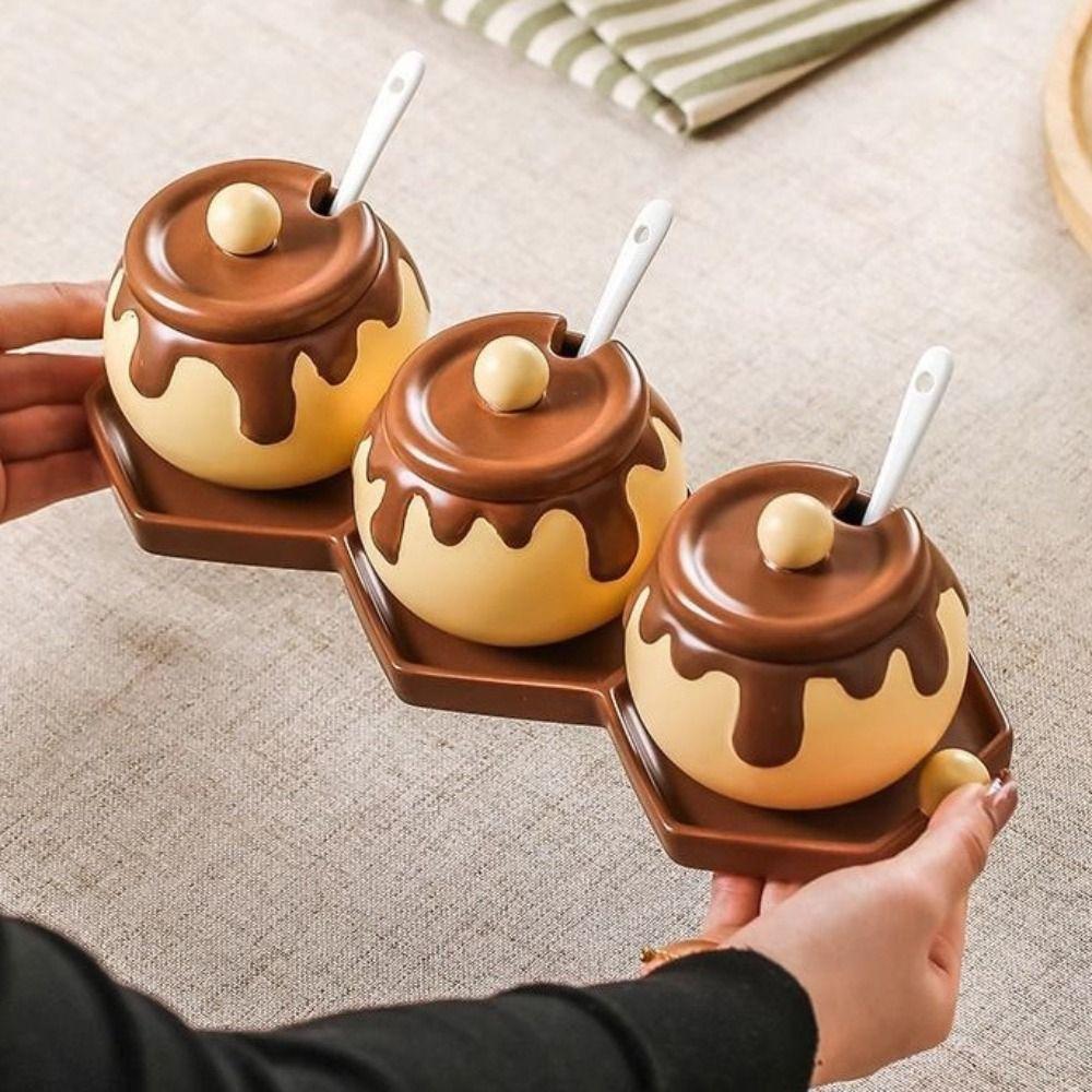 Cartoon Honey Jar Design Spice Jars with Spoon Condiment Pot Creative Ceramic Seasoning Jar  Salt