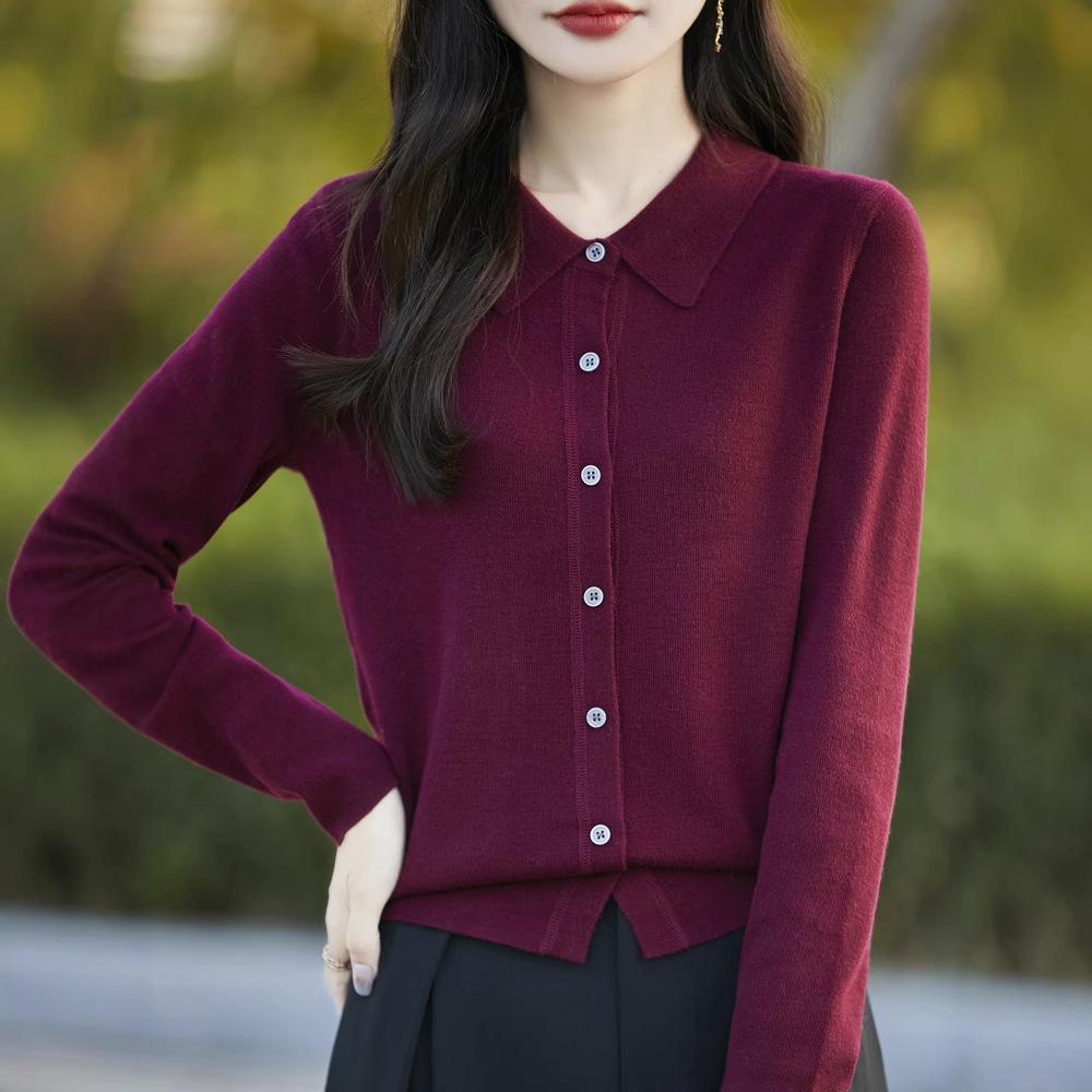 Women's Spring 2025 Lapel Cardigan Sweater - Knitwear Shirt Collar Base Layer or Outerwear Top