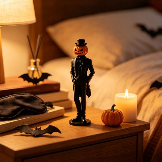 Horror Retro Desktop Decor Pumpkin Gentleman Figurine, Halloween Head Man Statue, Spooky Figurine 3D Printed Ornament for Shelf Mantel Tabletop Statue