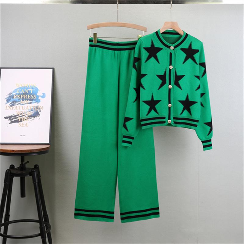 Women's Autumn Fashion Round Neck Knitted Cardigan Set Wide Leg Pants Sports Two Piece Set
